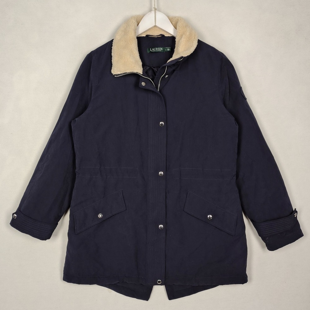 Lauren Ralph Lauren Navy Blue Sherpa Collar Quilted Utility Parka Jacket Large